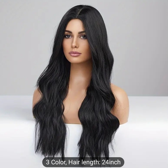 24 Inch Long Black Wig Middle Part For Women Natural Synthetic Hair - Picture 5 of 6